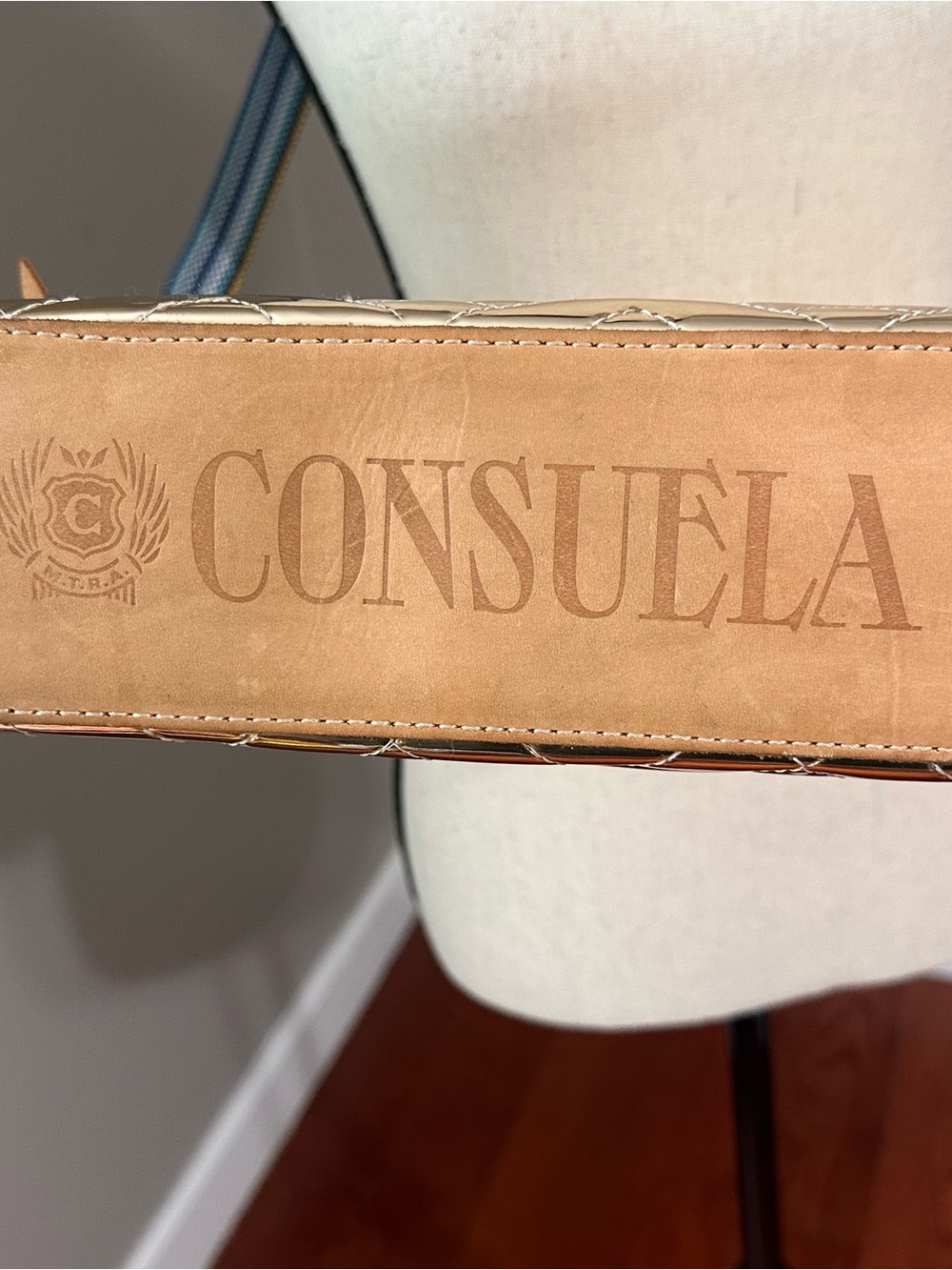 Consuela Metallic Quilted Crossbody Bag in Gold with Blue-Striped Strap - Picture 5 of 8